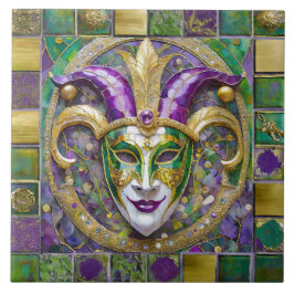 Gold Green Lila Mardi Gras Jester Mask Fliese