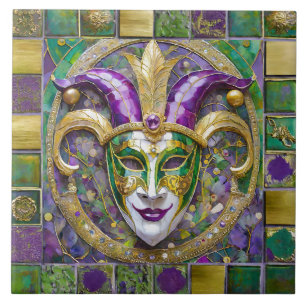 Gold Green Lila Mardi Gras Jester Mask Fliese