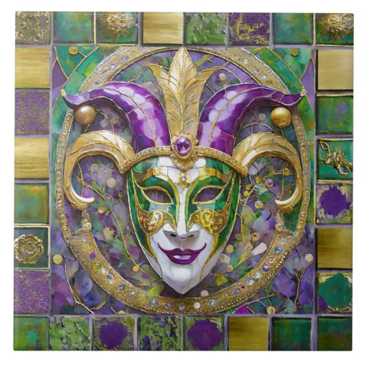Gold Green Lila Mardi Gras Jester Mask Fliese (Vorderseite)