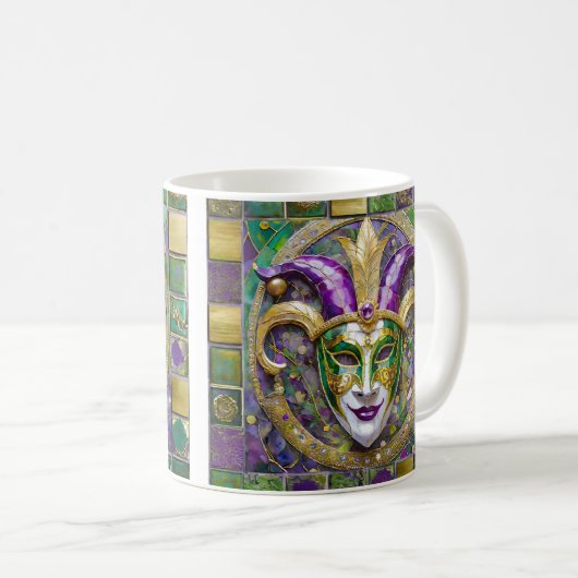 Gold Green Lila Mardi Gras Jester Mask Kaffeetasse (VorderseiteRechts)