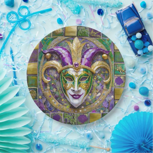 Gold Green Lila Mardi Gras Jester Mask Pappteller (Party)