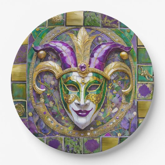 Gold Green Lila Mardi Gras Jester Mask Pappteller (Vorderseite)