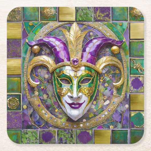 Gold Green Lila Mardi Gras Jester Mask Rechteckiger Pappuntersetzer (Vorderseite)