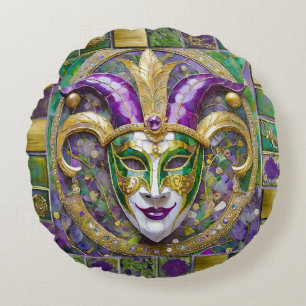 Gold Green Lila Mardi Gras Jester Mask Rundes Kissen