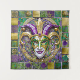 Gold Green Lila Mardi Gras Jester Mask Wandteppich
