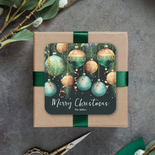 Gold Green Merry Christmas Ornaments Quadratischer Aufkleber