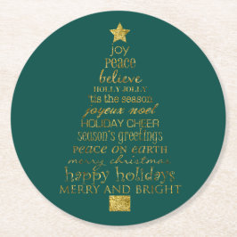 Gold Green Merry und helle Weihnachtsbaumwörter Runder Pappuntersetzer