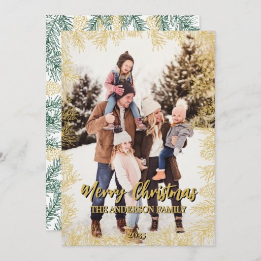 Gold Green Modern Botanic Family Foto Weihnachten (Vorne/Hinten)