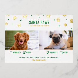 Gold & Green Naughty oder Nice Two Dog Foto Folien Feiertagskarte
