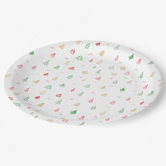 Gold Green Red Christmas Trees Muster Pappteller (Schrägansicht)