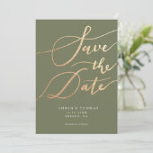 Gold Green Script Typografie Save The Date (Stehend Vorderseite)