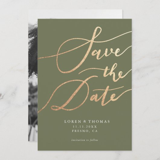 Gold Green Script Typografie Save The Date (Vorne/Hinten)