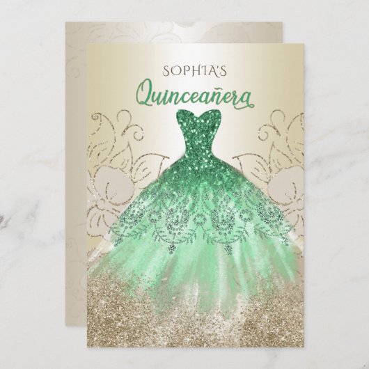 Gold Green Sparkle Dress Quinceañera Quince Einladung (Vorne/Hinten)