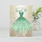 Gold Green Sparkle Dress Sweet 16 Geburtstag Einladung (Stehend Vorderseite)