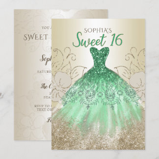 Gold Green Sparkle Dress Sweet 16 Geburtstag Einladung