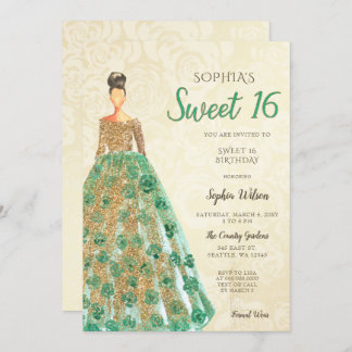 Gold Green Sparkle Dress Sweet 16 Geburtstag Einladung