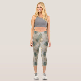 Gold Green Tropical Blätter Capri Leggings