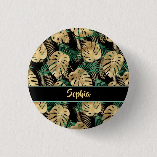 Gold & Green Tropical Blätter, DIY Gold Name, Blac Button (Vorderseite)