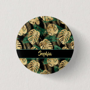 Gold & Green Tropical Blätter, DIY Gold Name, Blac Button