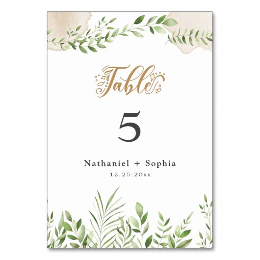 Gold Green Watercolor Tafel Tischnummer (Vorderseite)