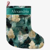 Gold Green White Trees Weihnachtsname Großer Weihnachtsstrumpf (Vorderseite)