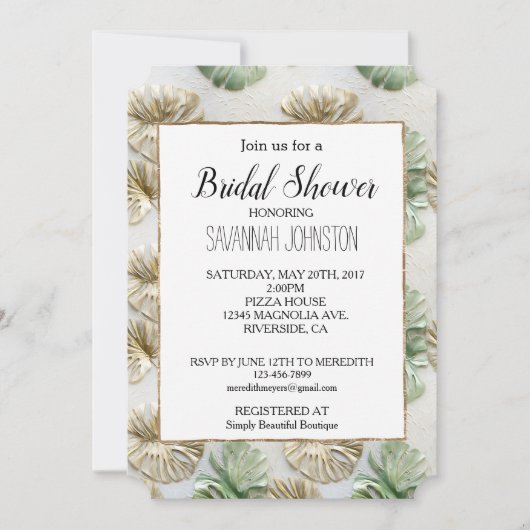 Gold Green White Tropical Blätter Brautparty Einladung