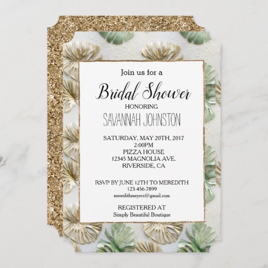 Gold Green White Tropical Blätter Brautparty Einladung (Vorne/Hinten)
