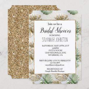 Gold Green White Tropical Blätter Brautparty Einladung