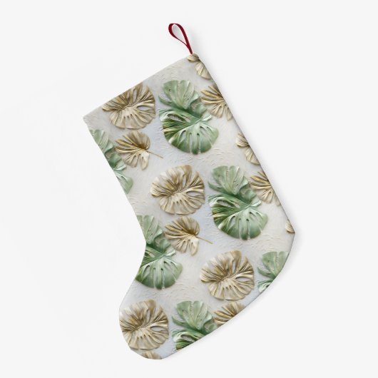 Gold Green White Tropical Blätter Kleiner Weihnachtsstrumpf (Rückseite (Hängend))