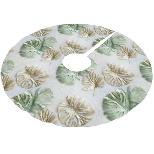 Gold Green White Tropical Blätter Polyester Weihnachtsbaumdecke (Schrägansicht)