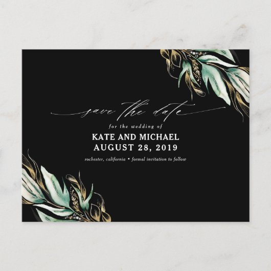 Gold Greenery Black Fall Save the Date Postkarte (Vorderseite)