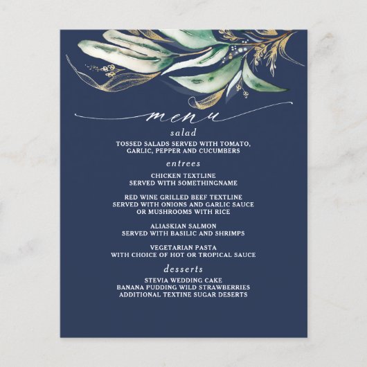 "Gold Greenery Branch Navy Blue Menu" Flyer (Vorne)