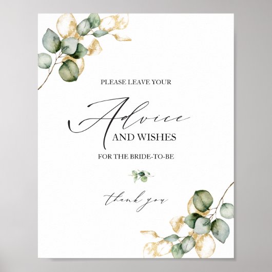 Gold Greenery Brautparty Advice Card-Zeichen Poster (Vorne)