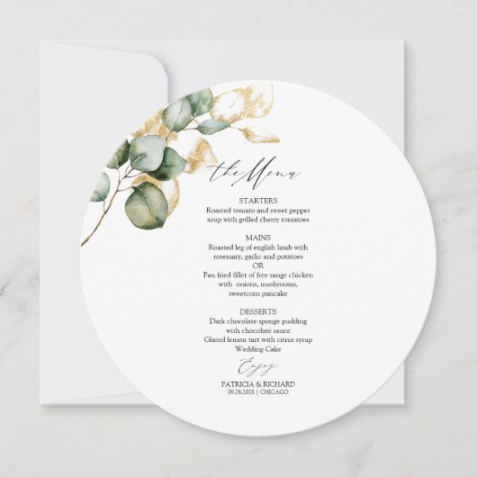 Gold Greenery Circle Wedding Menu Card Einladung (Vorderseite)