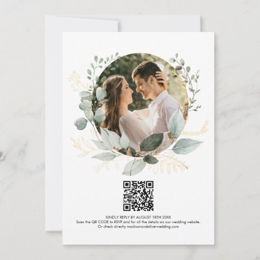 Gold Greenery Eucalyptus Photo QR Code Wedding Einladung (Rückseite)