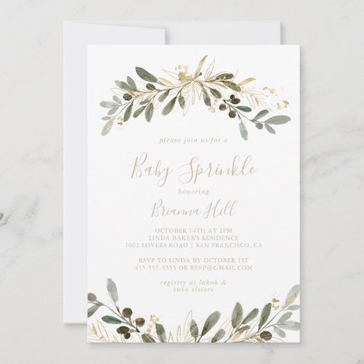 Gold Greenery Fall Baby Sprinkle Einladung (Vorderseite)