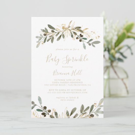 Gold Greenery Fall Baby Sprinkle Einladung (Stehend Vorderseite)