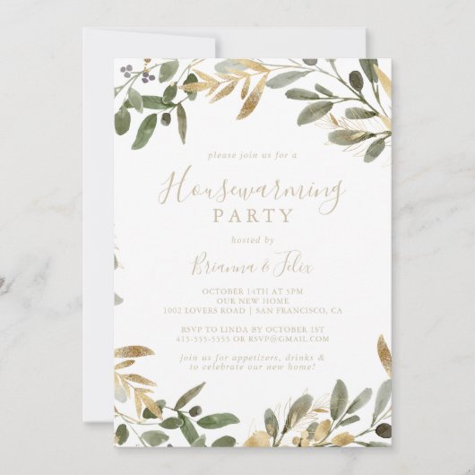 Gold Greenery Fall Housewarming Party Einladung (Vorderseite)
