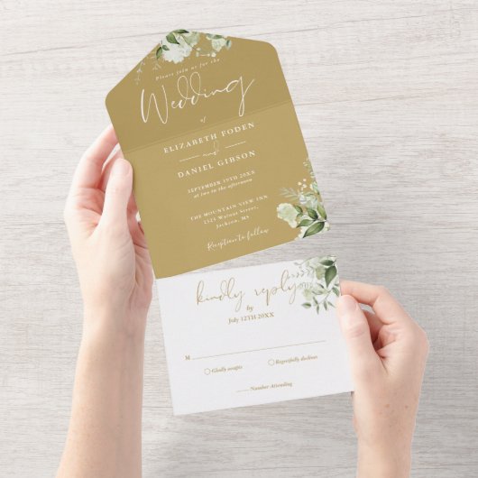 Gold Greenery Floral Monogram Script Wedding All In One Einladung (Abreißen)
