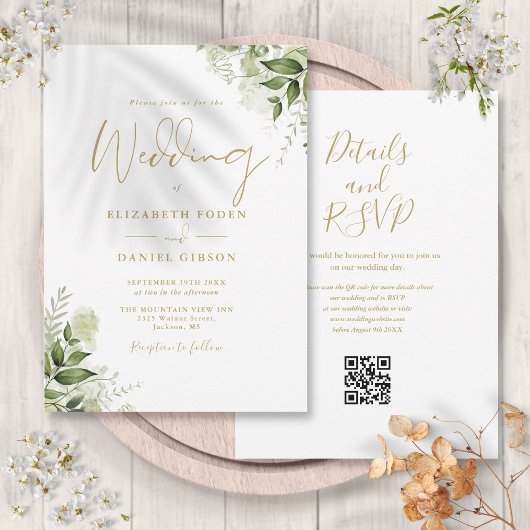 Gold Greenery Floral QR Code Skript Hochzeit Einladung