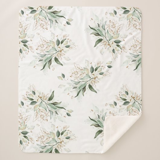Gold Greenery Foliage Elegante Weiß Romantik Sherpadecke (Vorderseite)