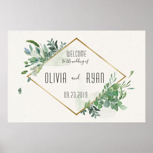 Gold Greenery Frame Wedding Willkommen Poster (Vorne)