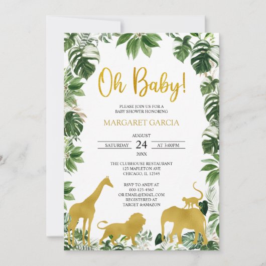 Gold Greenery Jungle Safari Animals Baby Dusche Einladung (Vorderseite)