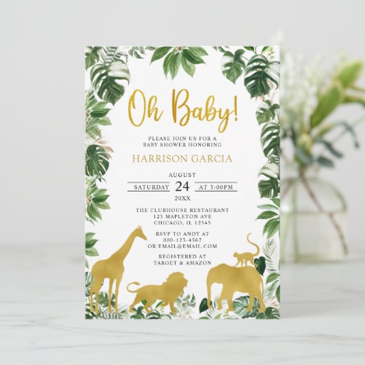 Gold Greenery Jungle Safari Animals Baby Dusche Einladung (Stehend Vorderseite)