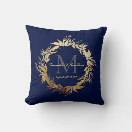 Gold Greenery Monogram Navy Blue Wedding Keepake Kissen