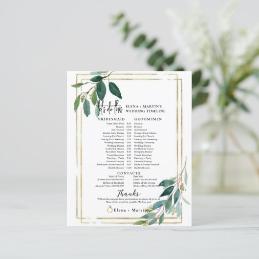 Gold Greenery Script Text Wedding Day Timeline (Stehend Vorderseite)