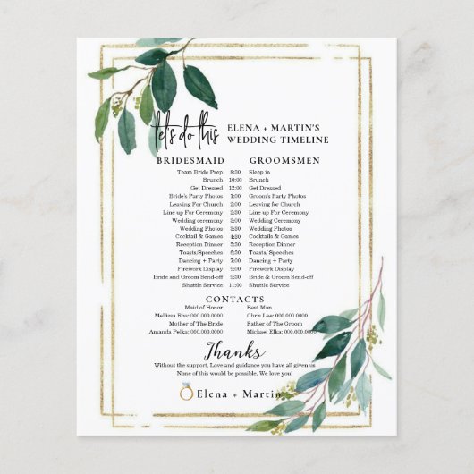 Gold Greenery Script Text Wedding Day Timeline (Vorderseite)