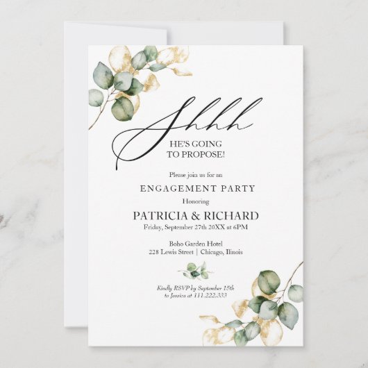 Gold Greenery Überraschung Engagement Partei Einladung (Vorderseite)