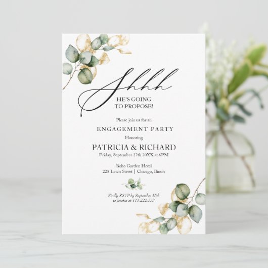 Gold Greenery Überraschung Engagement Partei Einladung (Stehend Vorderseite)