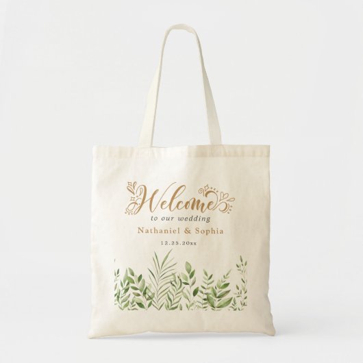 Gold Greenery Watercolor Wedding Welcome Tote Bags Tragetasche (Vorne)